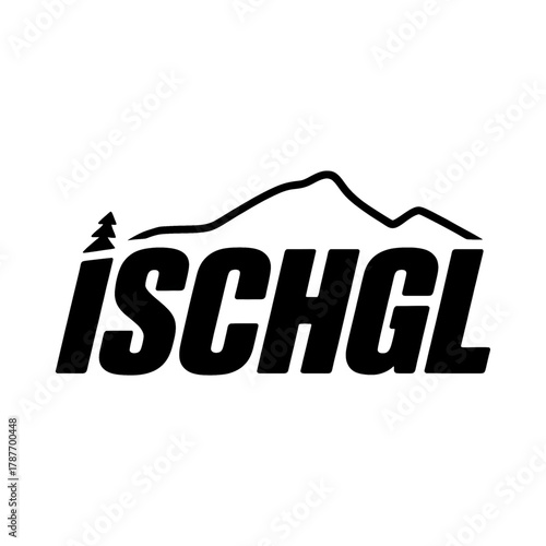 Scenic outline of the Ischgl region featuring mountains, trees, and a winding river in a badge design