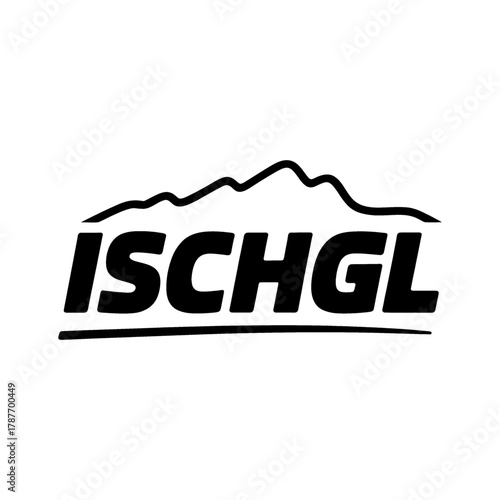 Scenic outline of the Ischgl region featuring mountains, trees, and a winding river in a badge design