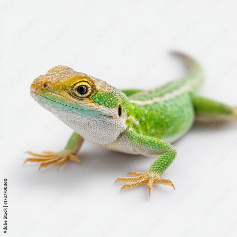 Fototapeta premium Colorful lizard resting on a light surface in a well-lit indoor setting in a close-up view