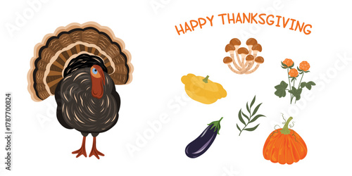 Thanksgiving Clipart Set, Hand drawn elements. Turkey, vegetables, mushrooms, berries