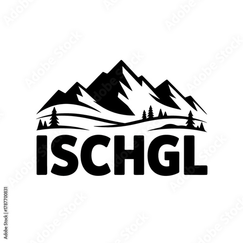 Scenic outline of the Ischgl region featuring mountains, trees, and a winding river in a badge design