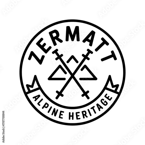 Scenic outline of the Zermatt region featuring mountains, trees, and a winding river in a badge design