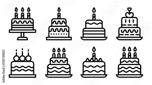 Birthday cake vector line icons set. collection of outline celebratory desserts with candles, perfect for party invitations and event design