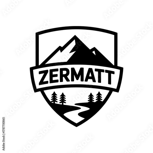 Scenic outline of the Zermatt region featuring mountains, trees, and a winding river in a badge design