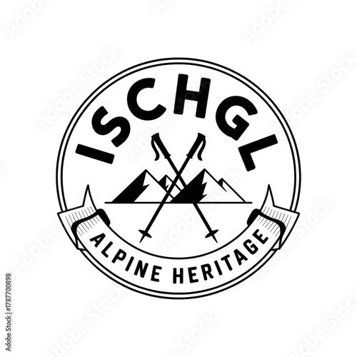Scenic outline of the Ischgl region featuring mountains, trees, and a winding river in a badge design