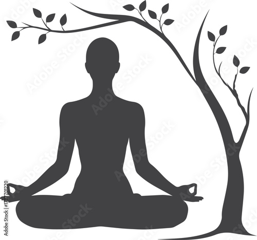 Meditative silhouette under tree branch: A serene silhouette embodies the essence of mindfulness, with a figure immersed in a state of deep meditation beneath the tranquil shelter of a tree branch.