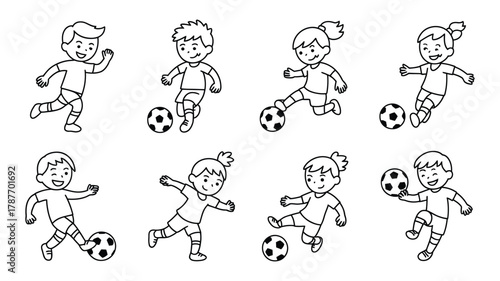 Children playing soccer in various dynamic poses, a line art illustration set depicting active kids engaging in sports, dribbling and kicking the ball.