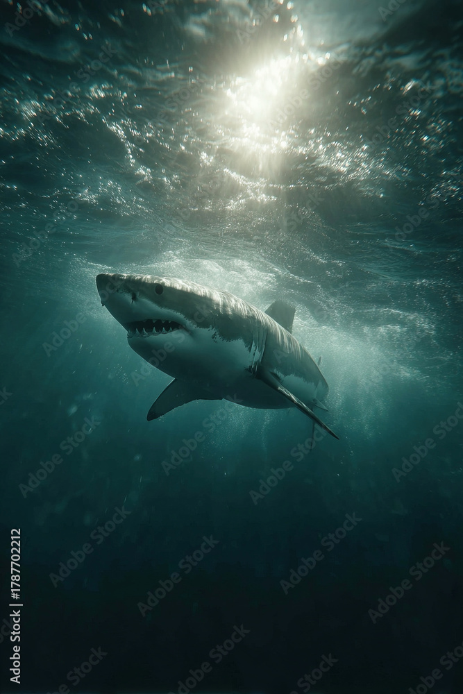 Naklejka premium Shark leaps from ocean water showcasing its hunting prowess in dramatic close up