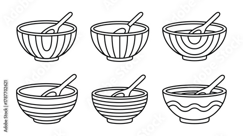 Simple line art illustration set of six diverse empty bowls with spoons, featuring various decorative patterns, perfect for culinary and kitchen design.