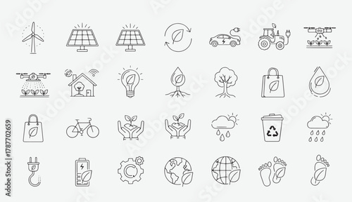 Sustainable Farming and Agriculture Line Icons Set – Organic, Eco-Friendly, and Renewable Vector Collection