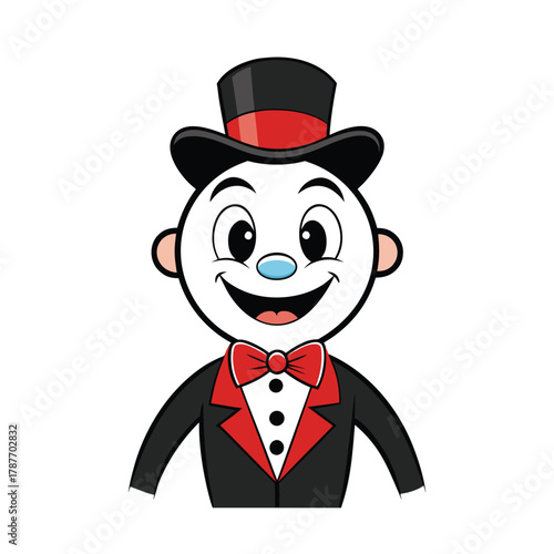 Cartoon character in a tuxedo and top hat with red bow tie male person