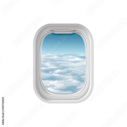 Airplane window showing clouds on transparent background