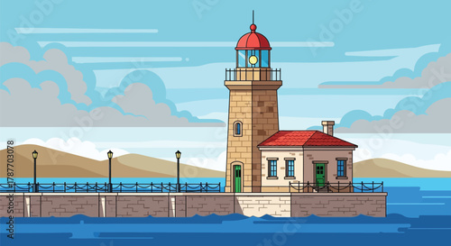 Lighthouse illustration with pier and sea cartoon vector design