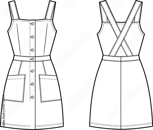 Fashion technical flat of sleeveless button front dress with cross back straps and pockets, modern women clothing design illustration vector