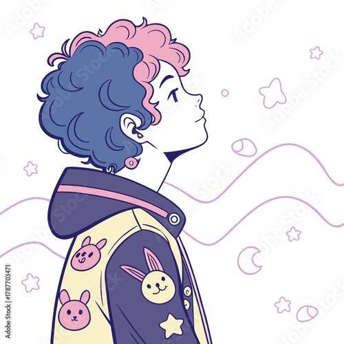 Stylized illustration of a young person with two-tone curly hair looking up, wearing a jacket adorned with cute bunny and star patches.