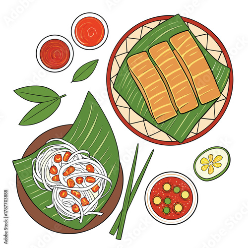Overhead illustration of various Asian dishes including noodles, spring rolls, and sauces served on banana leaves with chopsticks and lime.
