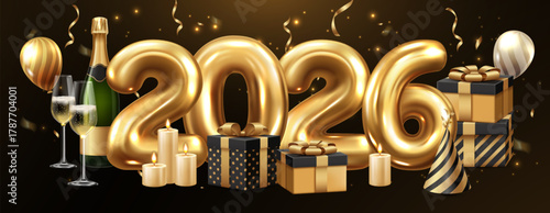 Golden new year 2026 toast illustration realistic