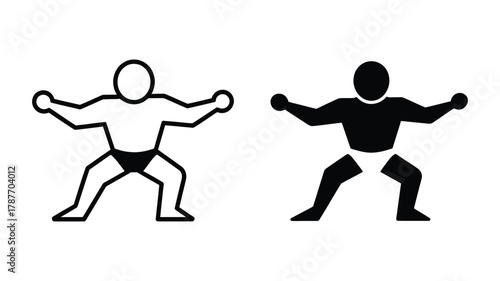 Stylized male figure icon in wrestling stance, presenting both outline and solid black versions, representing strength, power, and competition in sport.