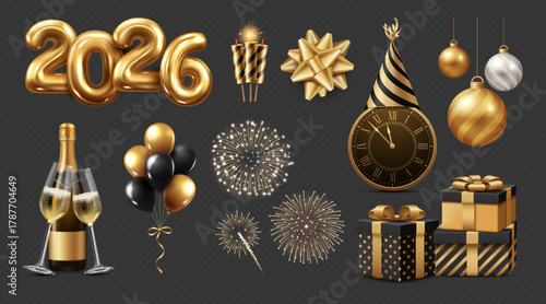 Golden black new year 2026 icon set realistic collection