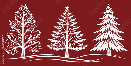 Set of stylized holiday tree outline graphics in PNG format. Fir, spruce, decorative contour elements for overlay designs. in red background