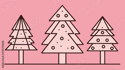 Set of stylized holiday tree outline graphics in PNG format. Fir, spruce, decorative contour elements for overlay designs. in pink background