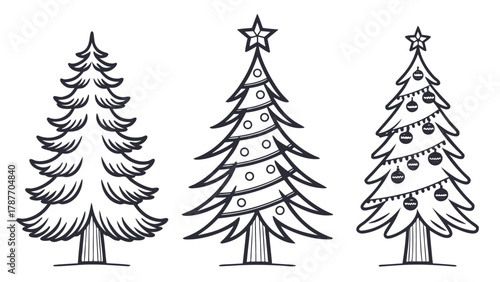 Set of stylized holiday tree outline graphics in PNG format. Fir, spruce, decorative contour elements for overlay designs. in white background