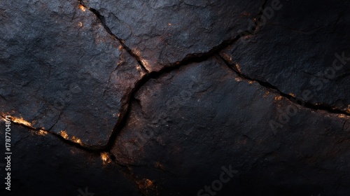 A dramatic close-up of a cracked dark stone surface, revealing glowing cracks that provide a captivating contrast and invoke a sense of raw beauty and geological intrigue.