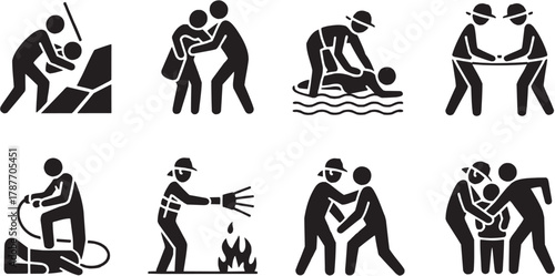 Rescue and lifeguard icons set. Water, emergency, help, safety, rescue, swimmer, lifeguard, service, accident, protection, team, first aid, professional, recovery, marine, rescue, save, danger, urgenc
