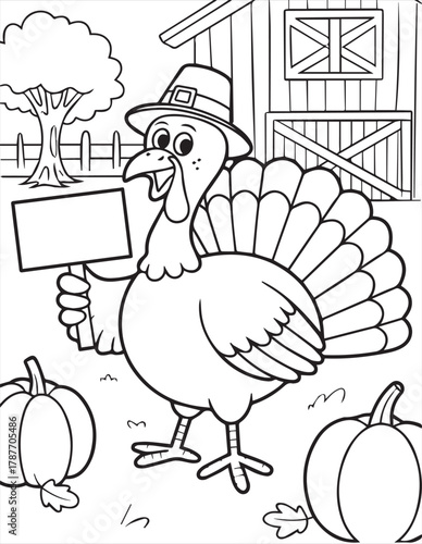 Cartoon turkey wearing a pilgrim hat holds sign near pumpkins and barn ready for coloring