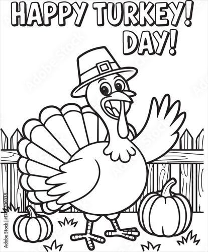 Outlined pilgrim turkey waving near pumpkins announces Happy Turkey Day on a white background, page, kids, coloring page, book, printable, easy, coloring, pages