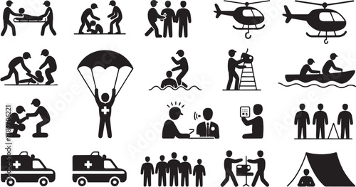 Rescue operation and helicopter icons set. Safety, emergency, help, sea, lifeguard, transportation, accident, rescue, mission, response, first aid, protection, professional, team, emergency, danger, h