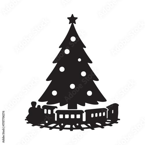 Christmas Tree And Train Silhouette Illustration For Holiday Season
