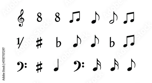 Vector art of musical notes and symbols, representing melody, harmony, and rhythm in a clean and simple vector illustration style