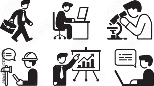 Office work and business management icons. Laptop, computer, chart, desk, communication, productivity, employee, data, technology, management, business, team, report, project, professional, digital, w
