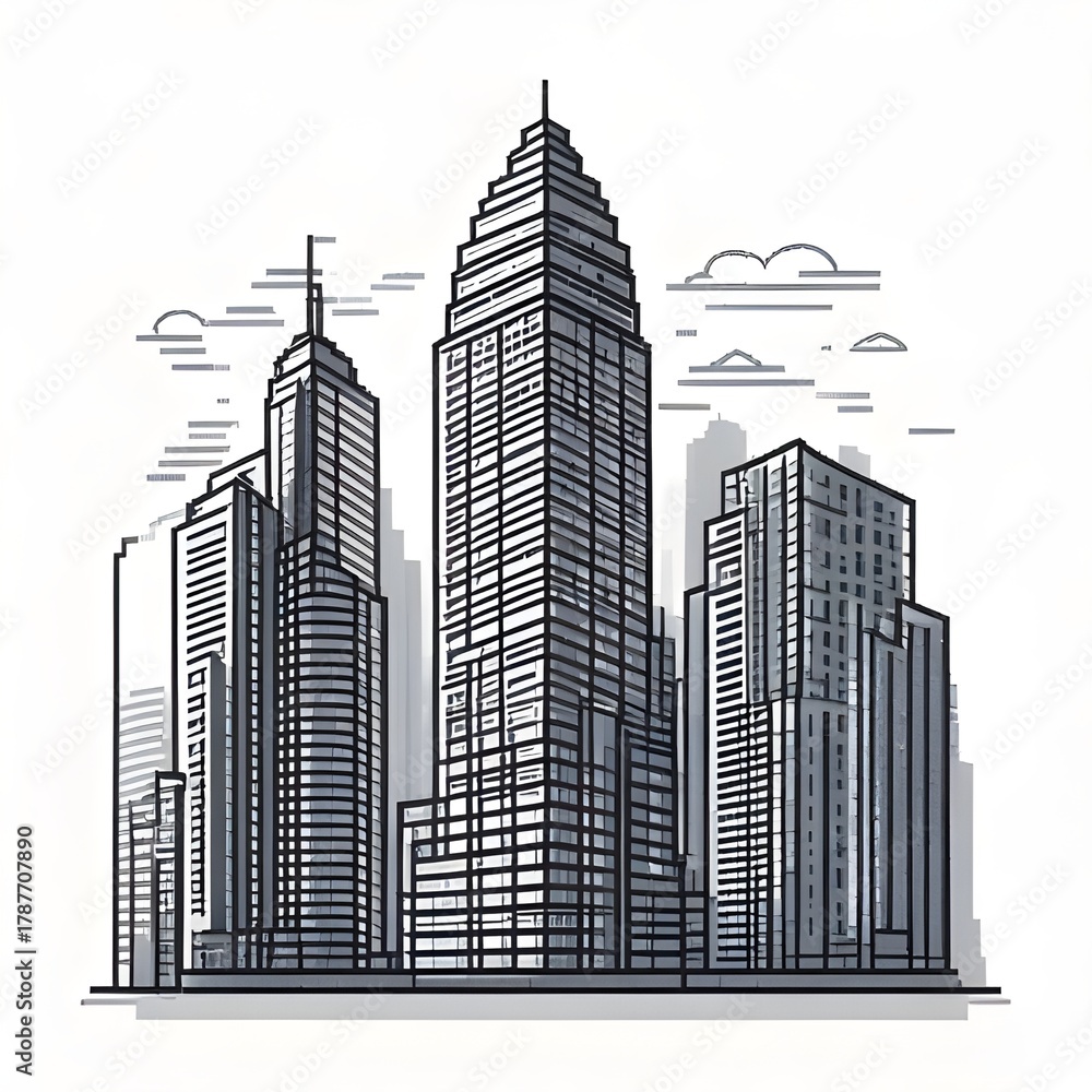 Naklejka premium Monochrome cityscape illustration with skyscrapers and clouds.