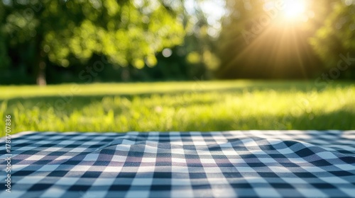 Close-up of checkered picnic tablecloth on fresh green grass with soft sunlight and blurred nature background, symbolizing relaxation and leisure