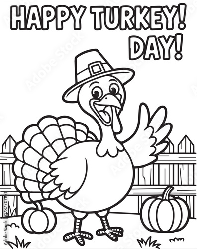 Cartoon turkey wearing a pilgrim hat stands near pumpkins celebrating Happy Turkey Day