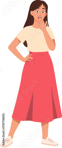 Minimalist Flat Illustration of Startled Woman in Red Skirt Expressing Shock