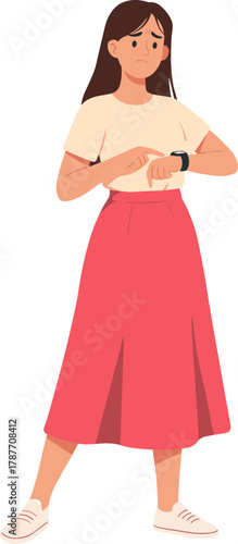 Cartoon Young Woman Checking Time on Wristwatch Illustration Design