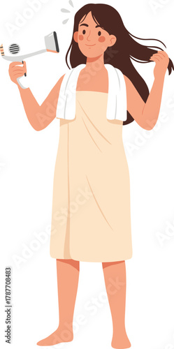 Flat Style Illustration of a Woman Drying Her Hair After Shower