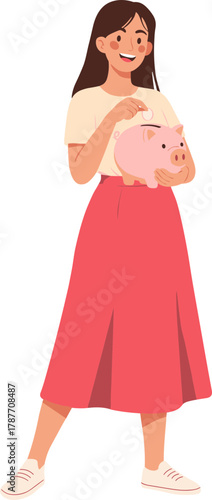 Flat Style Young Woman Saving Money in Pink Piggy Bank Illustration