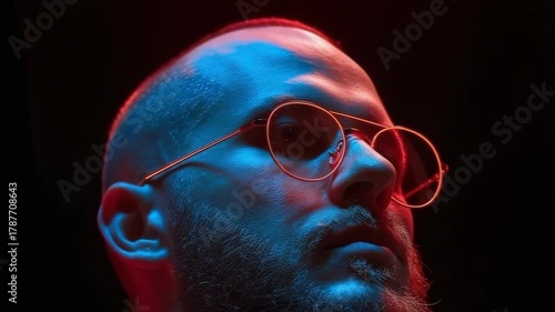 Close up profile of man wearing round glasses with blue and red lighting on black background
