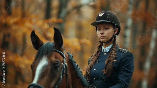 Young woman rider in uniform, calm horse in autumn forest with golden leaves.
