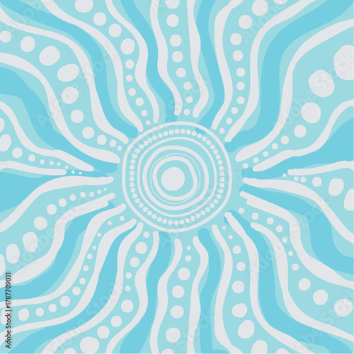 A soft blue Aboriginal-style artwork featuring a central sunburst with radiating wavy lines and dotted patterns.