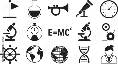 Physics experiment and laboratory icons set. Formula, equipment, microscope, test, science, innovation, atom, education, data, research, chemistry, analysis, study, learning, invention, biology, energ