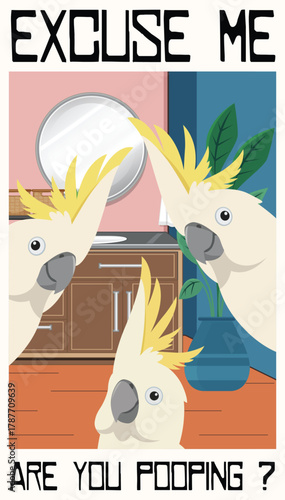 Funny Cockatoo Bathroom Poster – “Excuse Me, Are You Pooping?” Cute Bird Wall Art, Humorous Parrot Print for Home or Restroom Decor