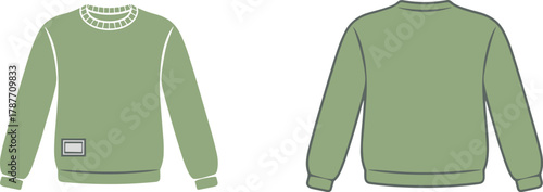 Flat sketch of green long sleeve sweatshirt front and back view with crew neckline, ribbed cuffs, patch detail, vector illustration
