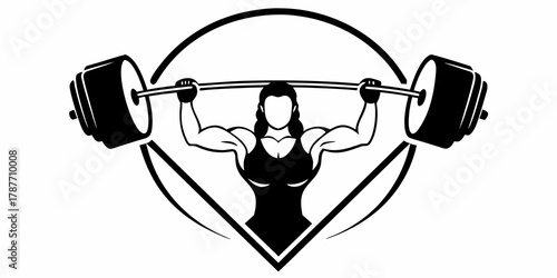Illustration of a muscular woman lifting a barbell inside a geometric shape in black and white style