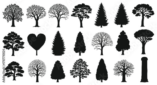 Vector art of collection of diverse tree silhouettes, showcasing various shapes and sizes for forestry, nature, and design elements
