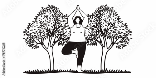 Woman performing tree pose yoga outdoors between two detailed trees in a black and white illustration